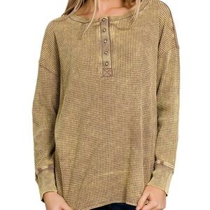 Zenana Outfitters Long Sleeve Henley Top - Tan